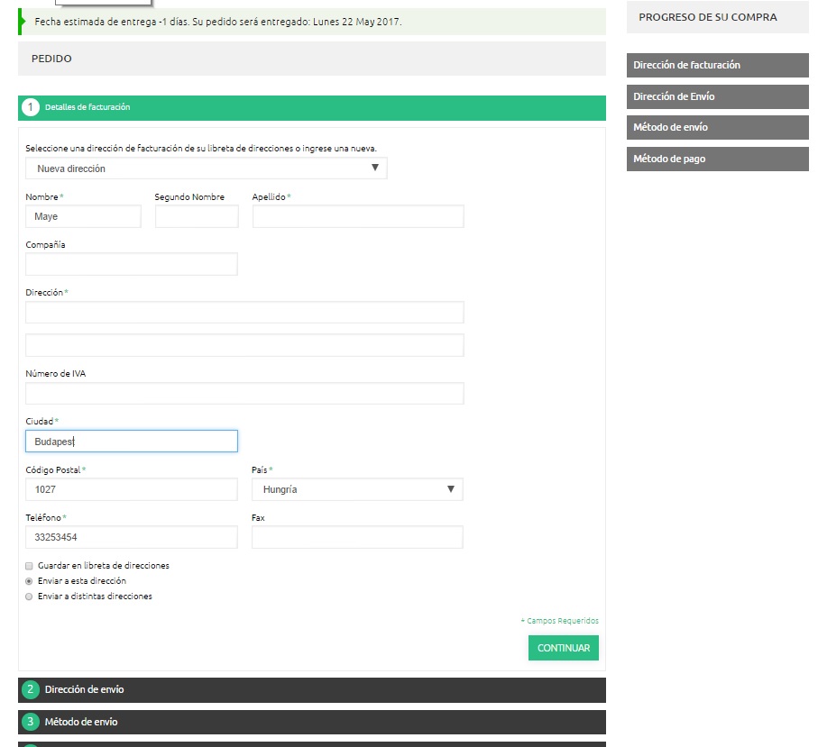 Colocar dirección de envio y facturación